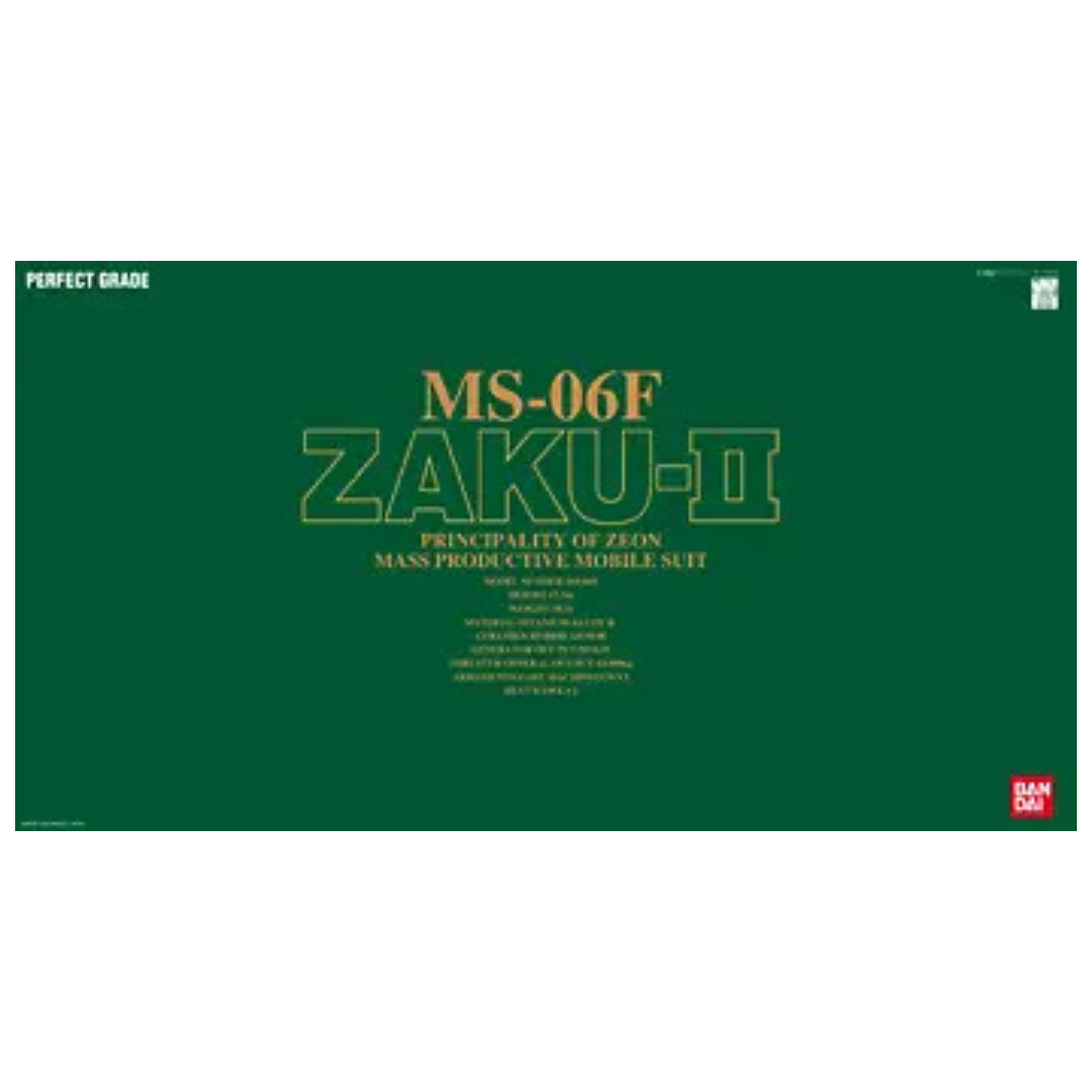 Bandai PG MS-06F Zaku II Perfect Grade model kit box art with green background and gold lettering