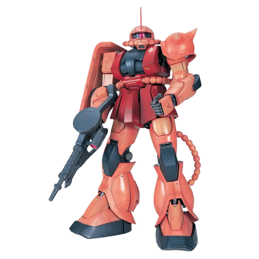 PG MS-06S Char’s Zaku II model kit front view with red armor, machine gun and LED mono-eye