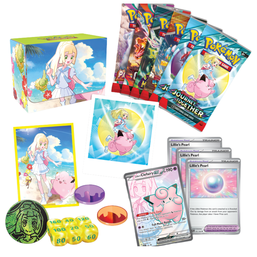 Lillie’s Premium Collection box with Clefairy ex full-art promo, card sleeves, damage dice, and booster packs for Pokémon Trading Card Game players