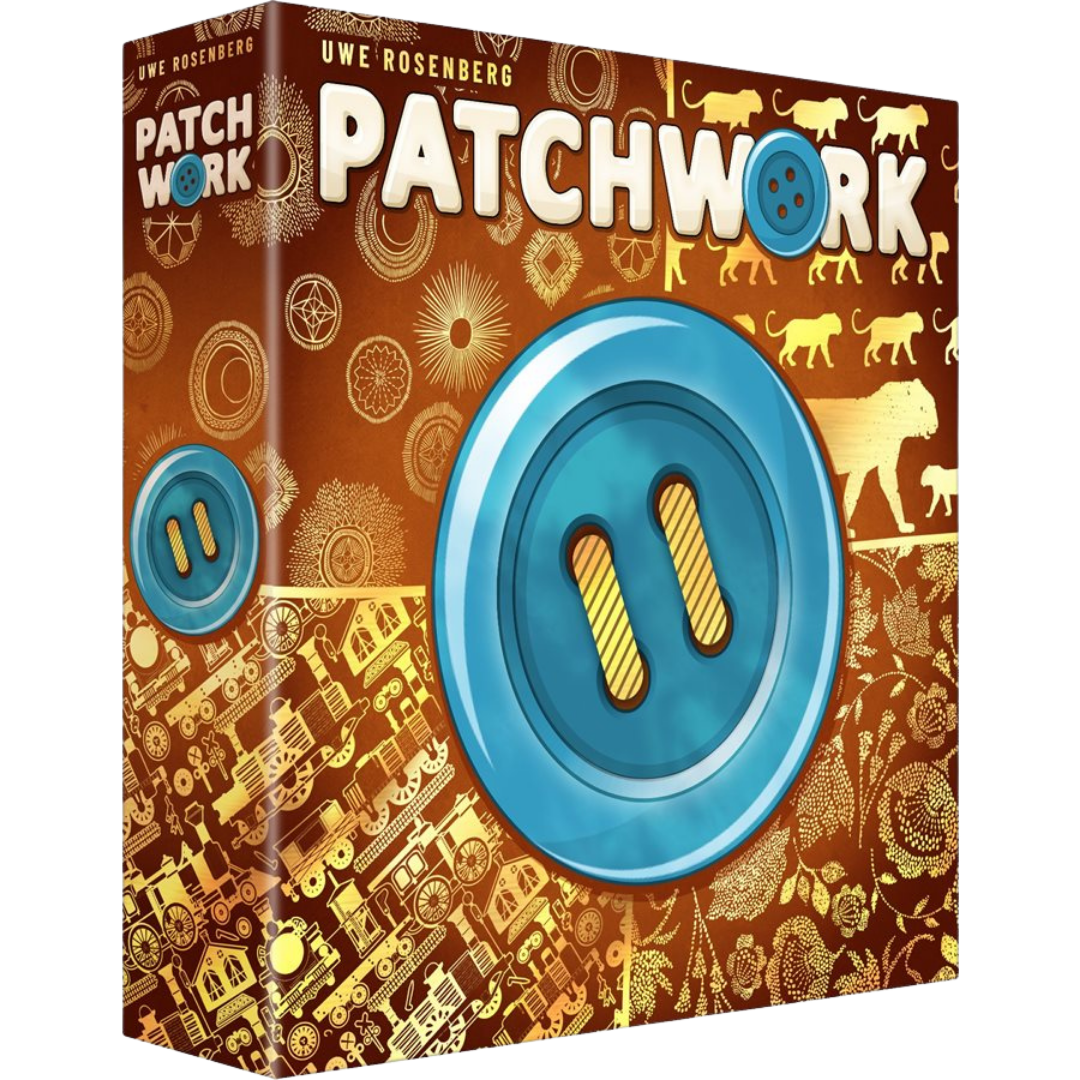 Patchwork 10th Anniversary Edition board game box and quilt patch components for two player strategy gameplay