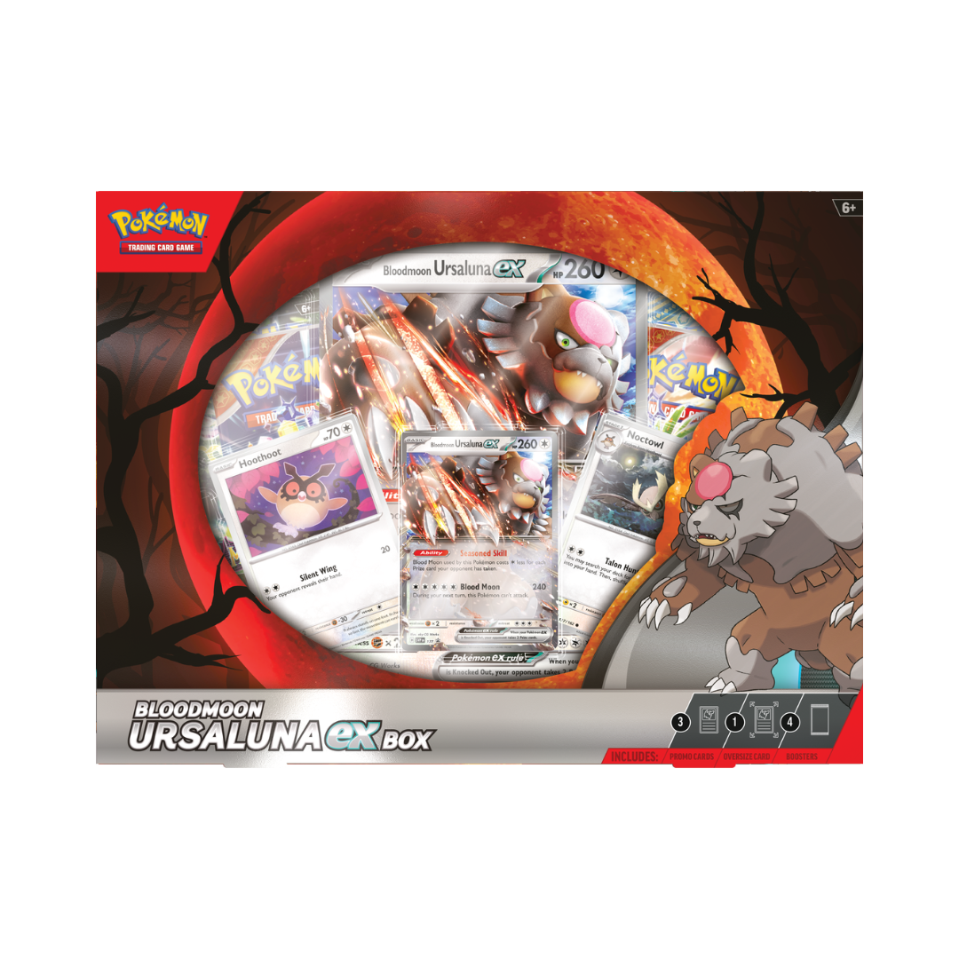 Pokémon TCG Bloodmoon Ursaluna ex Box featuring promo cards of Bloodmoon Ursaluna ex, Hoothoot, Noctowl, oversize foil card, and 4 booster packs.