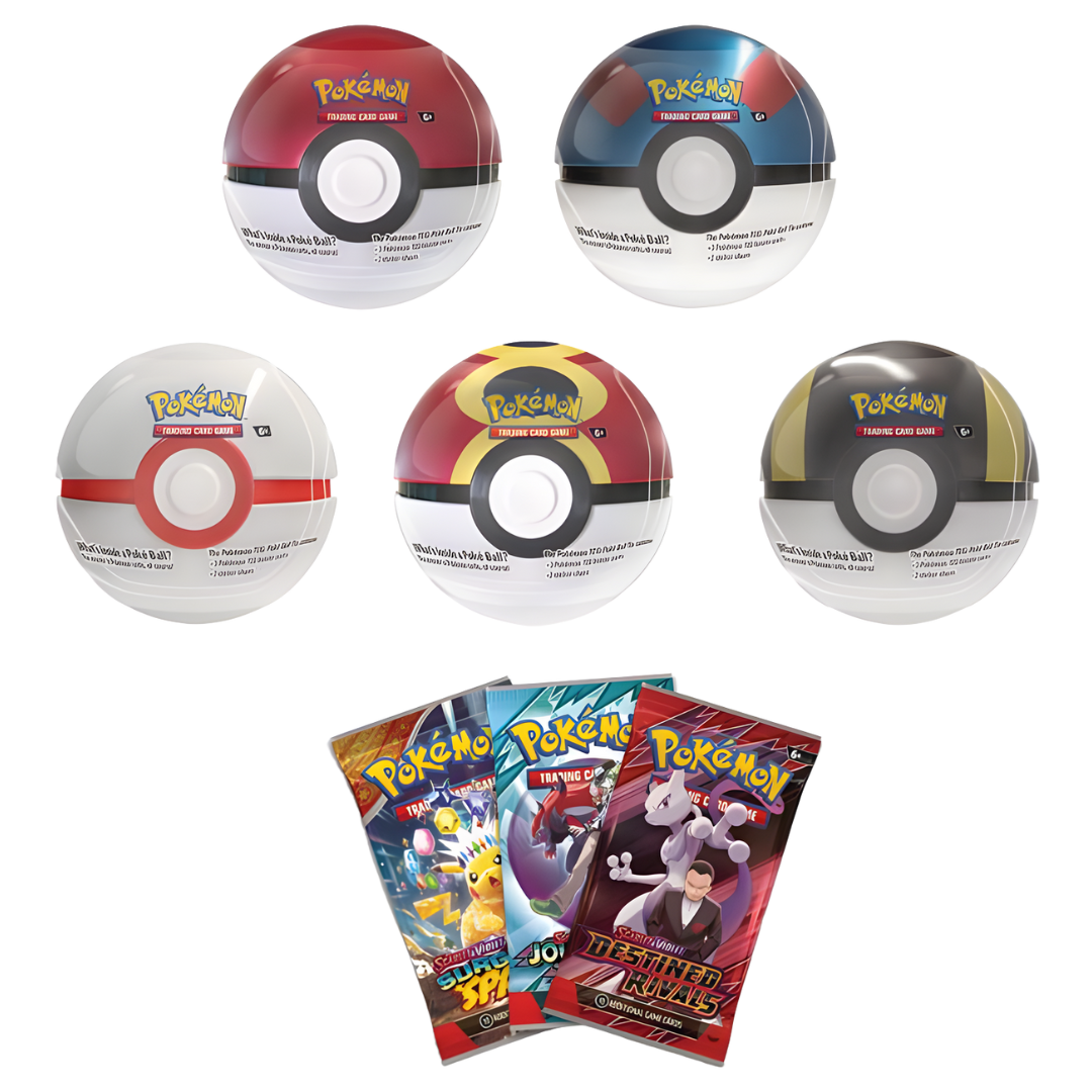 Pokémon Winter 2025 Poké Ball Tin assortment with 3 booster packs and sticker sheets