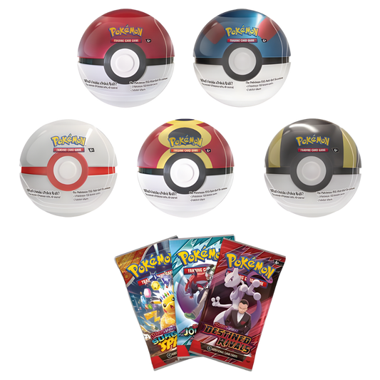 Pokémon Winter 2025 Poké Ball Tin assortment with 3 booster packs and sticker sheets
