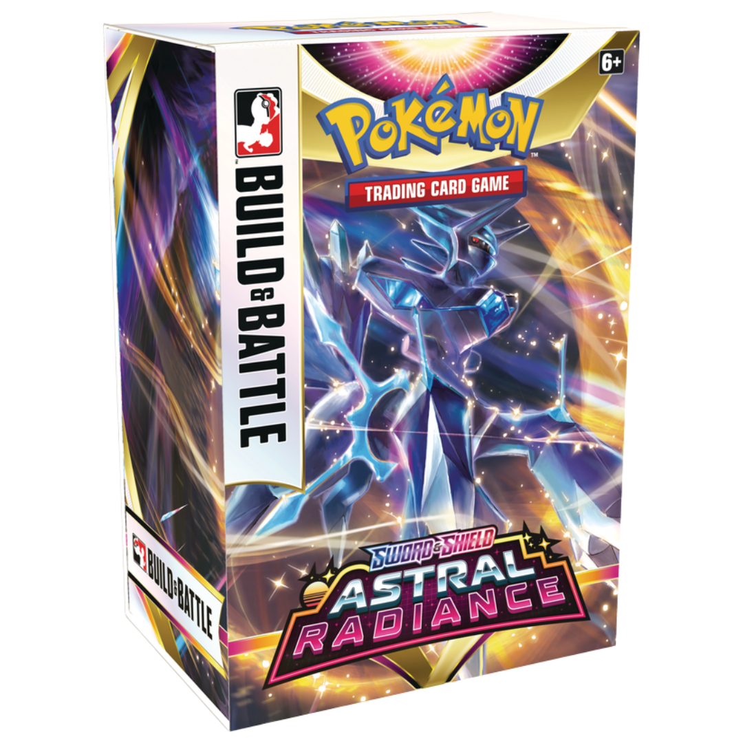 Pokémon Astral Radiance Build & Battle Kit with a ready-to-play deck, exclusive promo card, and booster packs for competitive play.