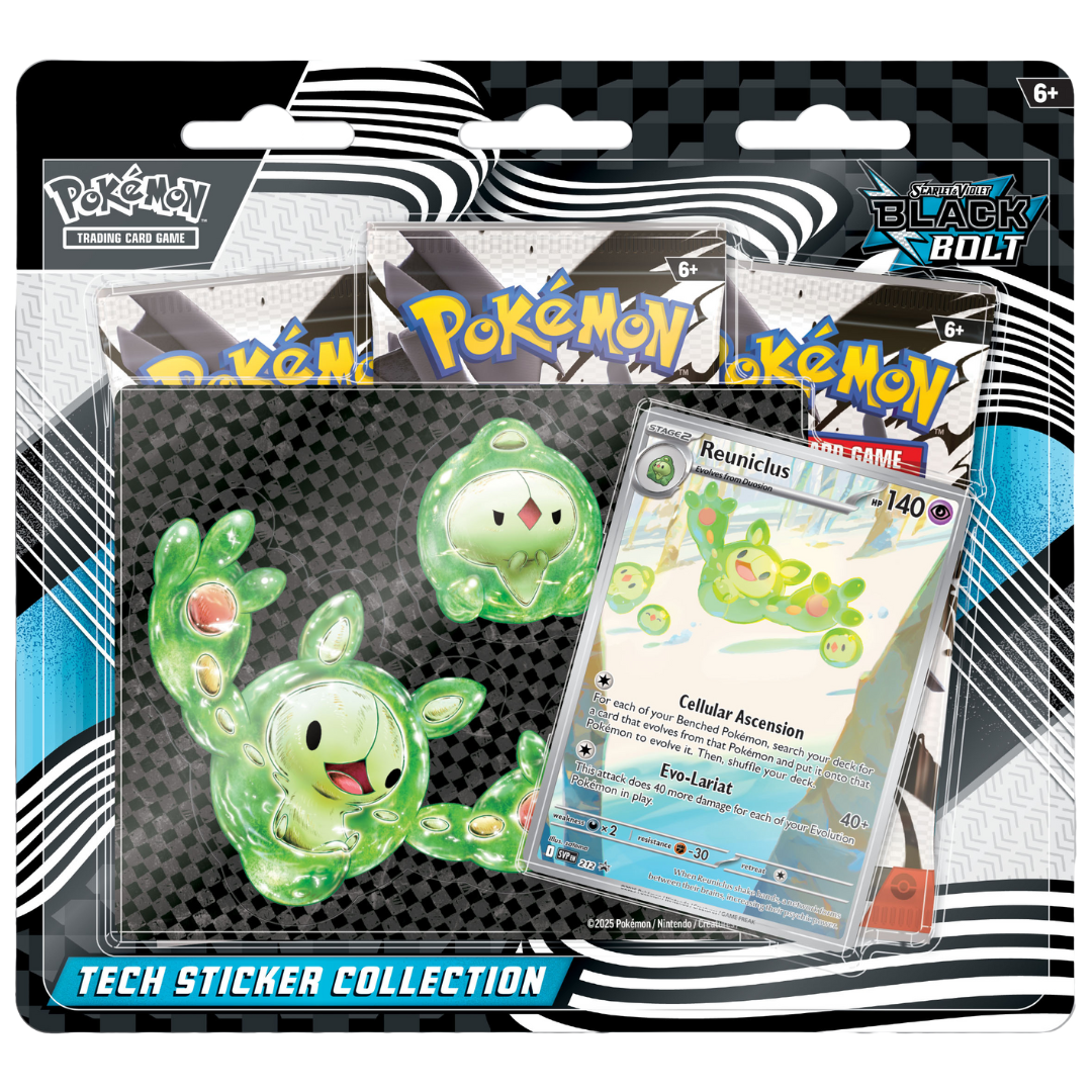 Pokemon Black Bolt Tech Sticker Collection with Reuniclus promo card and 3 booster packs