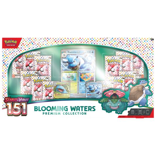 Pokémon Blooming Waters Premium Collection featuring foil promo cards, booster packs, and exclusive Pokémon. 