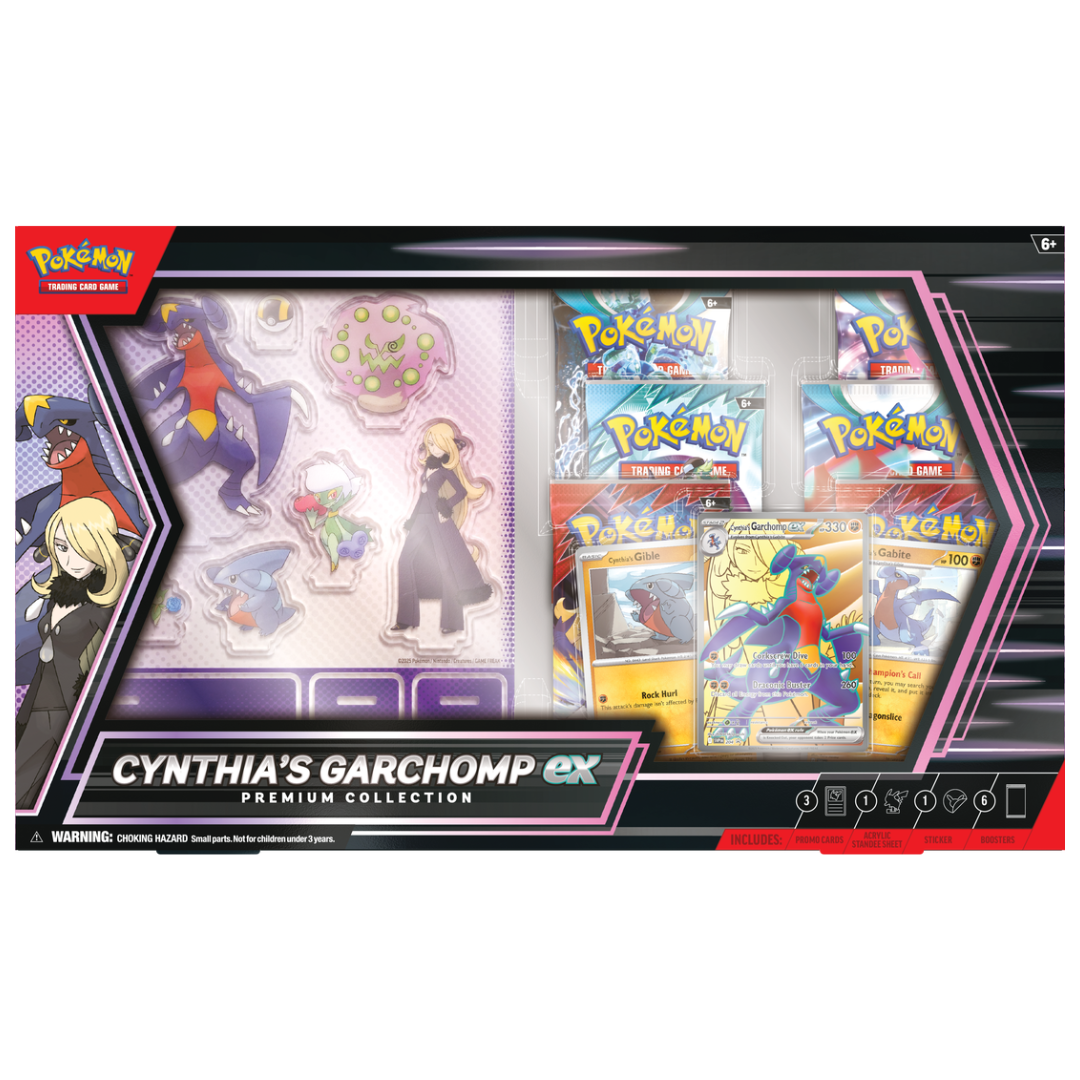 Pokemon Cynthia’s Garchomp EX Premium Collection, box set with foil promo, booster packs, and collectible items for Pokémon TCG fans and competitive players.