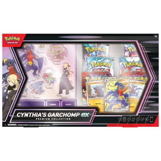 Pokemon Cynthia’s Garchomp EX Premium Collection, box set with foil promo, booster packs, and collectible items for Pokémon TCG fans and competitive players.