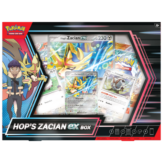 Pokemon Box Set Hop's Zacian EX, collectible set with Zacian EX card and accessories for Pokemon Trading Card Game fans and collectors.







