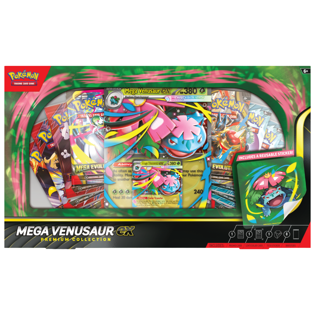 Pokemon Mega Venusaur EX Premium Collection Box with promo card, sticker, and 8 booster packs