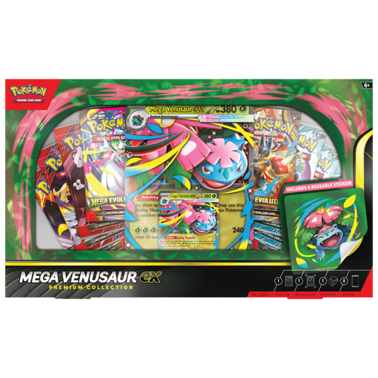 Pokemon Mega Venusaur EX Premium Collection Box with promo card, sticker, and 8 booster packs