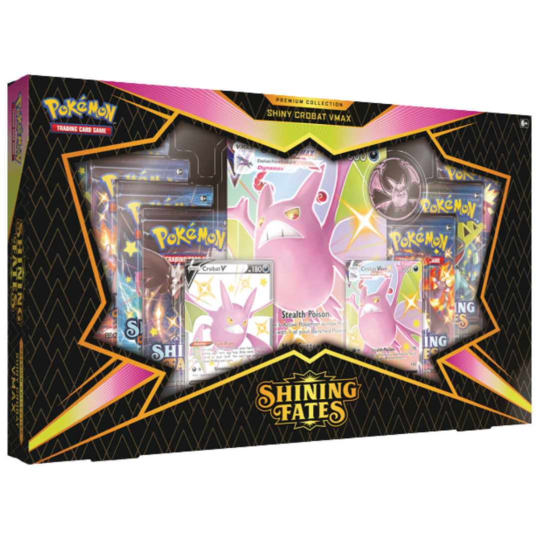 Pokémon TCG Shining Fates Crobat V Box Set, includes Crobat V and VMAX promo cards, 7 booster packs, metallic coin, and oversized collectible Pokémon card.
