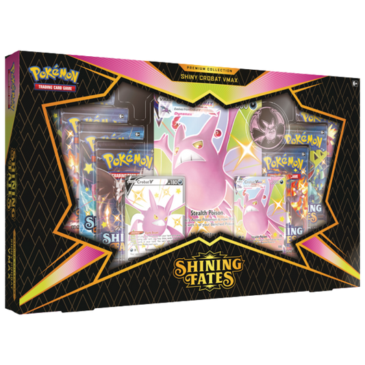 Pokémon TCG Shining Fates Crobat V Box Set, includes Crobat V and VMAX promo cards, 7 booster packs, metallic coin, and oversized collectible Pokémon card.