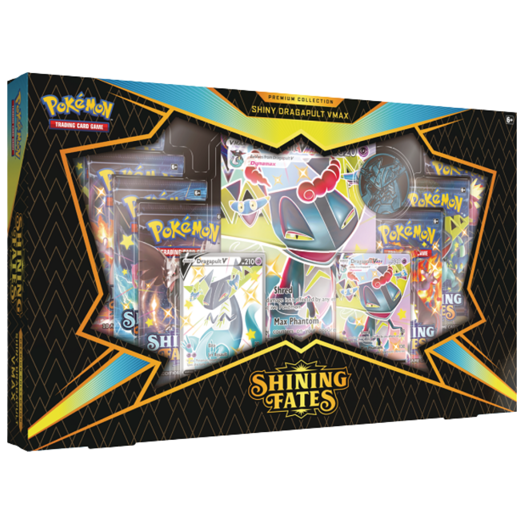 Pokémon TCG Shining Fates Dragapult V Box Set, includes Dragapult V and VMAX promo cards, 7 booster packs, metallic coin, and oversized collectible Pokémon card.