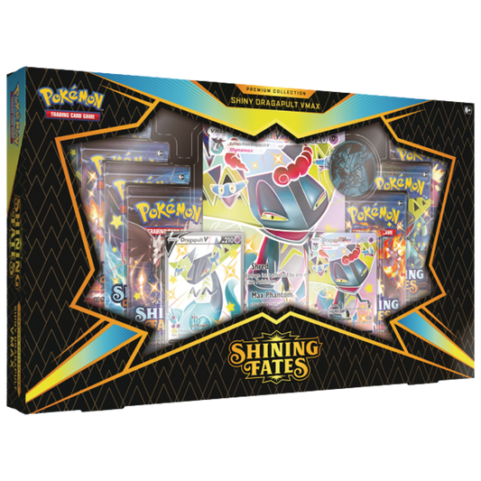 Pokémon TCG Shining Fates Dragapult V Box Set, includes Dragapult V and VMAX promo cards, 7 booster packs, metallic coin, and oversized collectible Pokémon card.