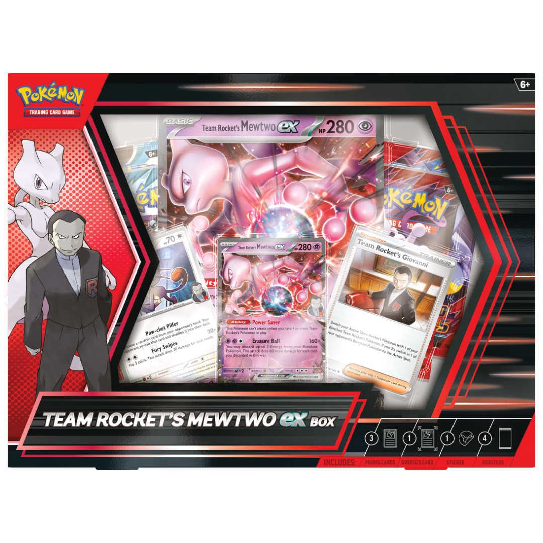 Pokemon Team Rocket’s Mewtwo EX Box, includes dark-themed Mewtwo EX promo card and booster packs for collectors and Pokémon TCG players.