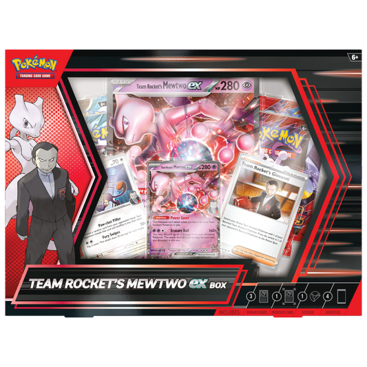 Pokemon Team Rocket’s Mewtwo EX Box, includes dark-themed Mewtwo EX promo card and booster packs for collectors and Pokémon TCG players.