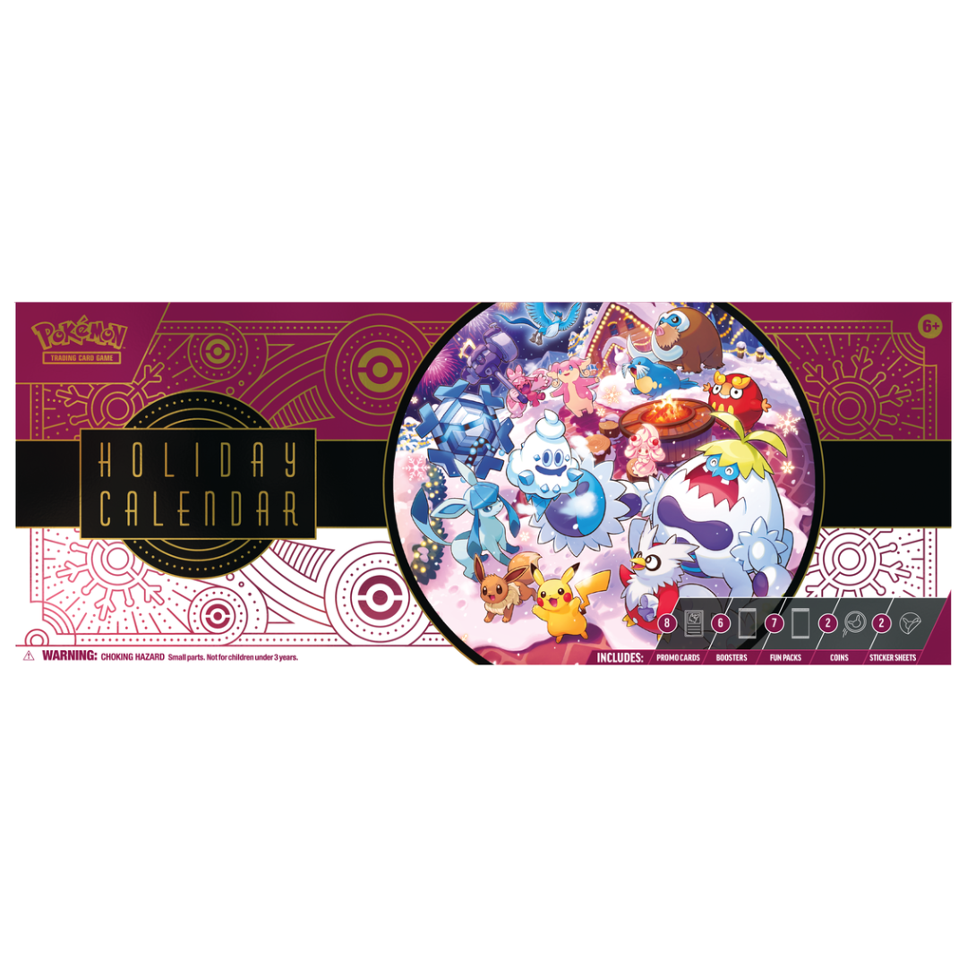 Pokémon Holiday Calendar 2025 advent box with 25 daily surprises including cards, booster packs, coins, and stickers