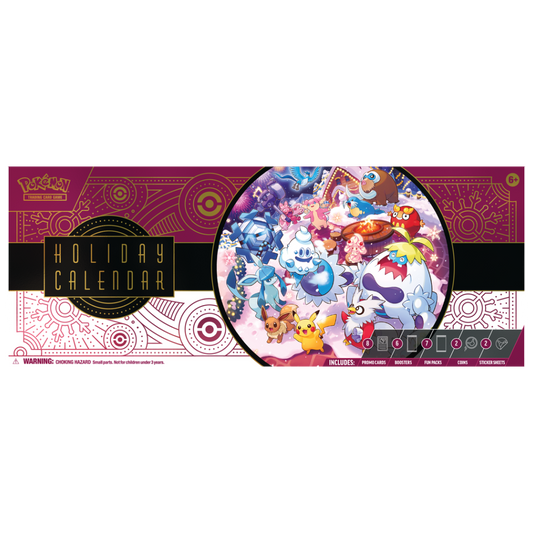 Pokémon Holiday Calendar 2025 advent box with 25 daily surprises including cards, booster packs, coins, and stickers