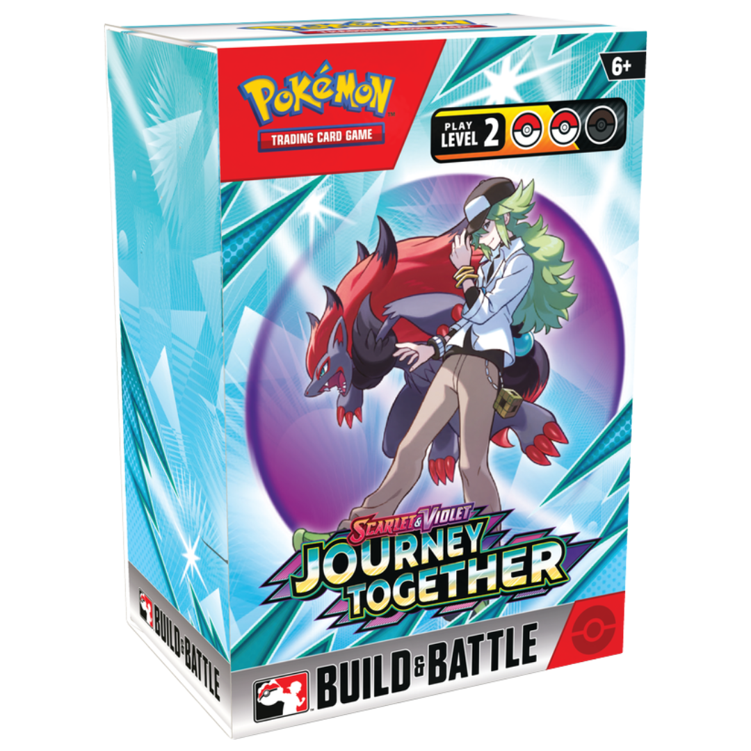 Pokémon Journey Together Build & Battle Box with promo cards, booster packs, and pre-release deck for competitive play and collecting.