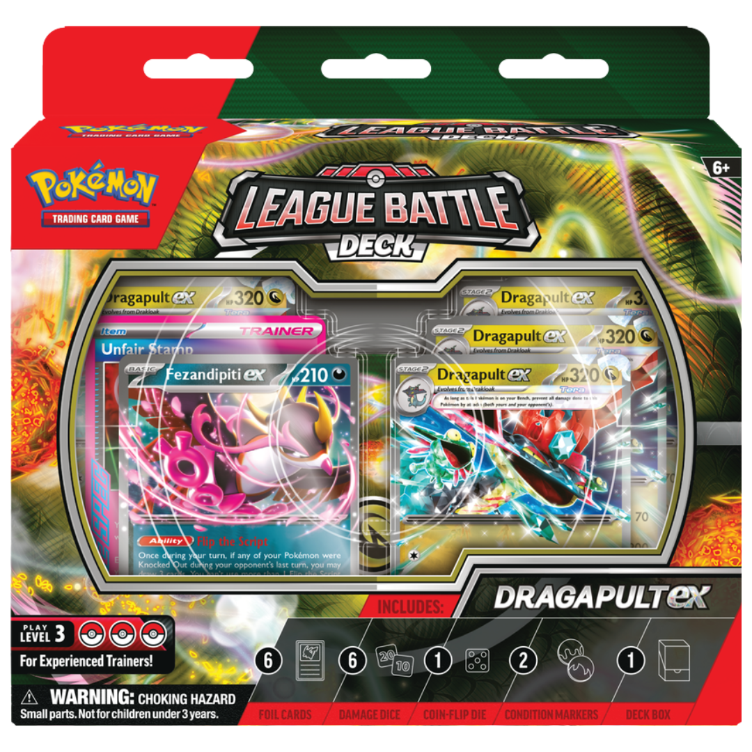 Pokémon TCG Dragapult ex Battle Deck with 60 ready-to-play cards, damage dice, coin markers, deck box, and strategy guide for instant competitive play