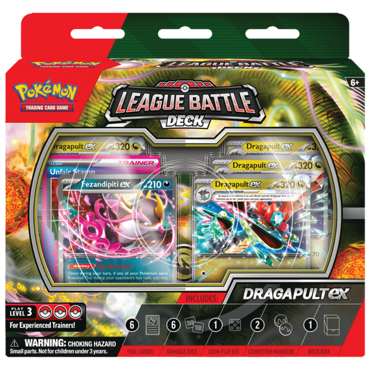 Pokémon TCG Dragapult ex Battle Deck with 60 ready-to-play cards, damage dice, coin markers, deck box, and strategy guide for instant competitive play