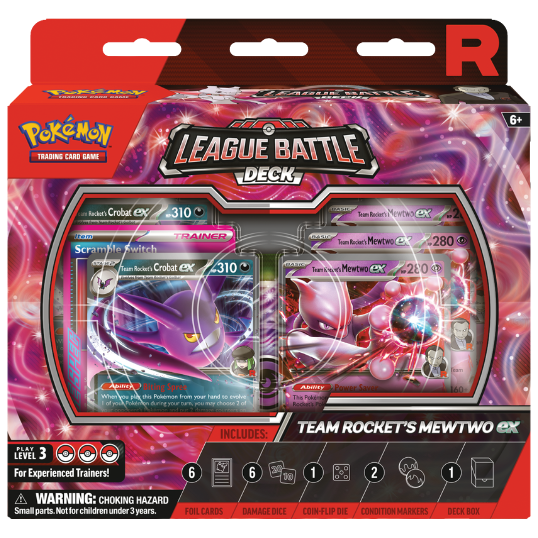 Pokémon League Battle Deck Team Rocket’s Mewtwo EX with 60-card deck, dice, markers, and deck box