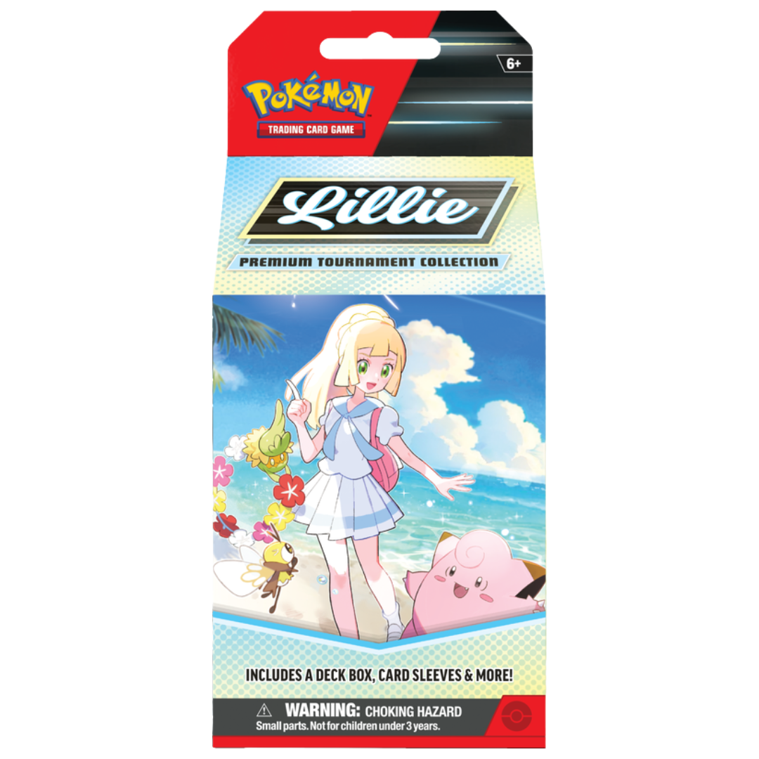 Pokémon TCG Lillie Premium Tournament Collection featuring Clefairy ex, booster packs, Lillie’s Pearl, deck box, sleeves, and accessories for gameplay