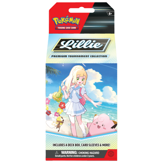 Pokémon TCG Lillie Premium Tournament Collection featuring Clefairy ex, booster packs, Lillie’s Pearl, deck box, sleeves, and accessories for gameplay