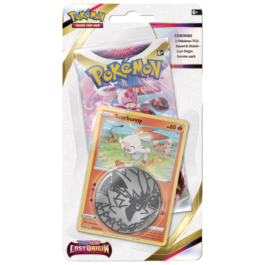 Pokémon TCG Lost Origin Checklane Blister featuring a promo Scorbunny card, collectible coin, and booster pack.