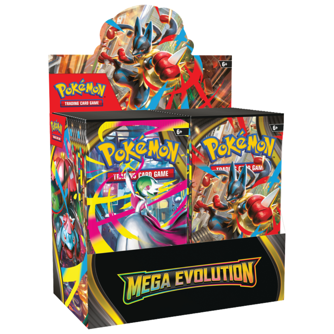 Pokémon Mega Evolution Booster Box with 36 packs featuring Mega Lucario, Mega Gardevoir, Mega Venusaur, and Mega Kangaskhan artwork