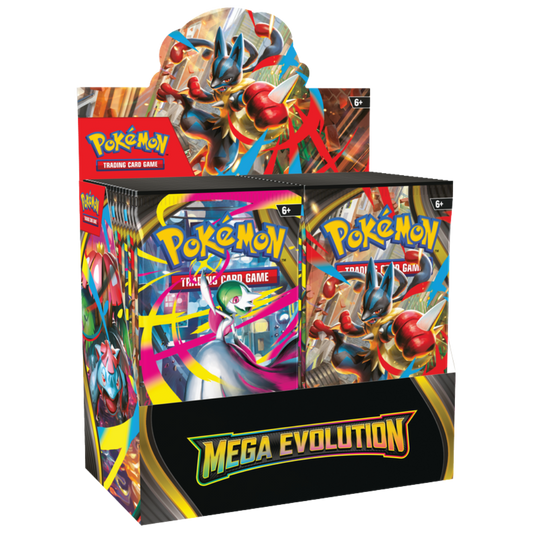 Pokémon Mega Evolution Booster Box with 36 packs featuring Mega Lucario, Mega Gardevoir, Mega Venusaur, and Mega Kangaskhan artwork