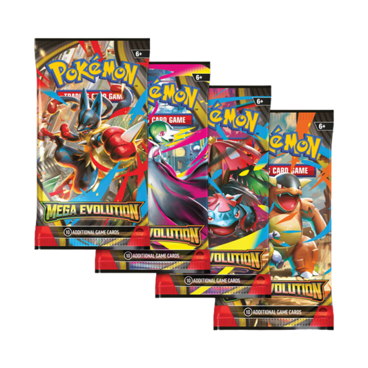 Pokémon Mega Evolution Booster Pack assorted artwork featuring Mega Lucario, Mega Gardevoir, Mega Venusaur, and Mega Kangaskhan