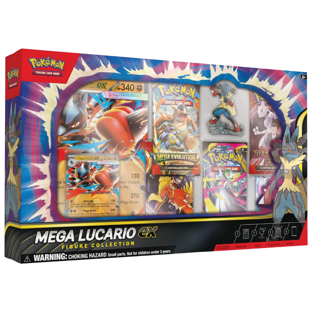 Pokémon Mega Evolution Mega Lucario EX Figure Collection Box with etched foil card, oversized card, figure, and booster packs