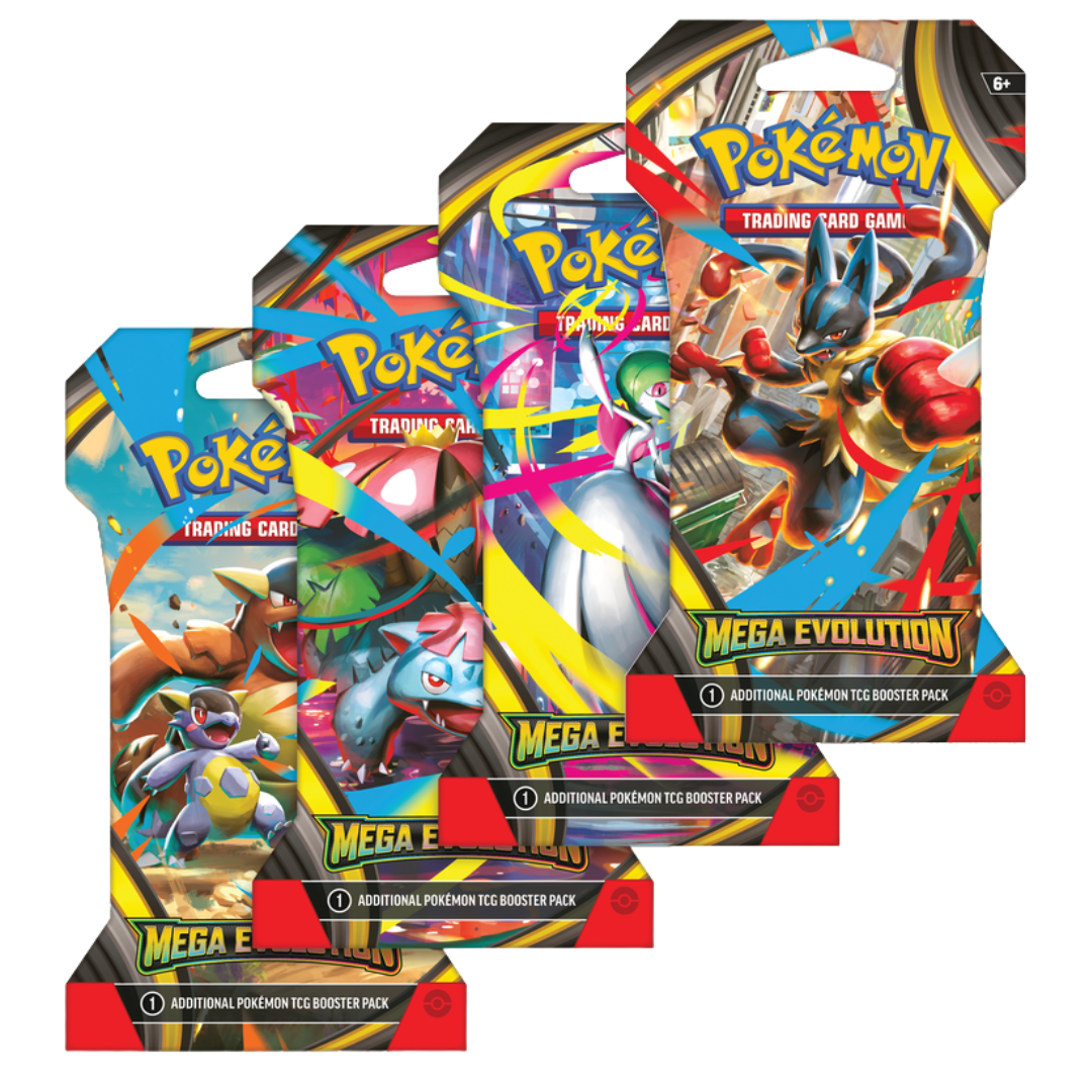 Pokémon Mega Evolution Sleeved Booster Pack with assorted artwork featuring Mega Lucario, Gardevoir, Venusaur, and Kangaskhan