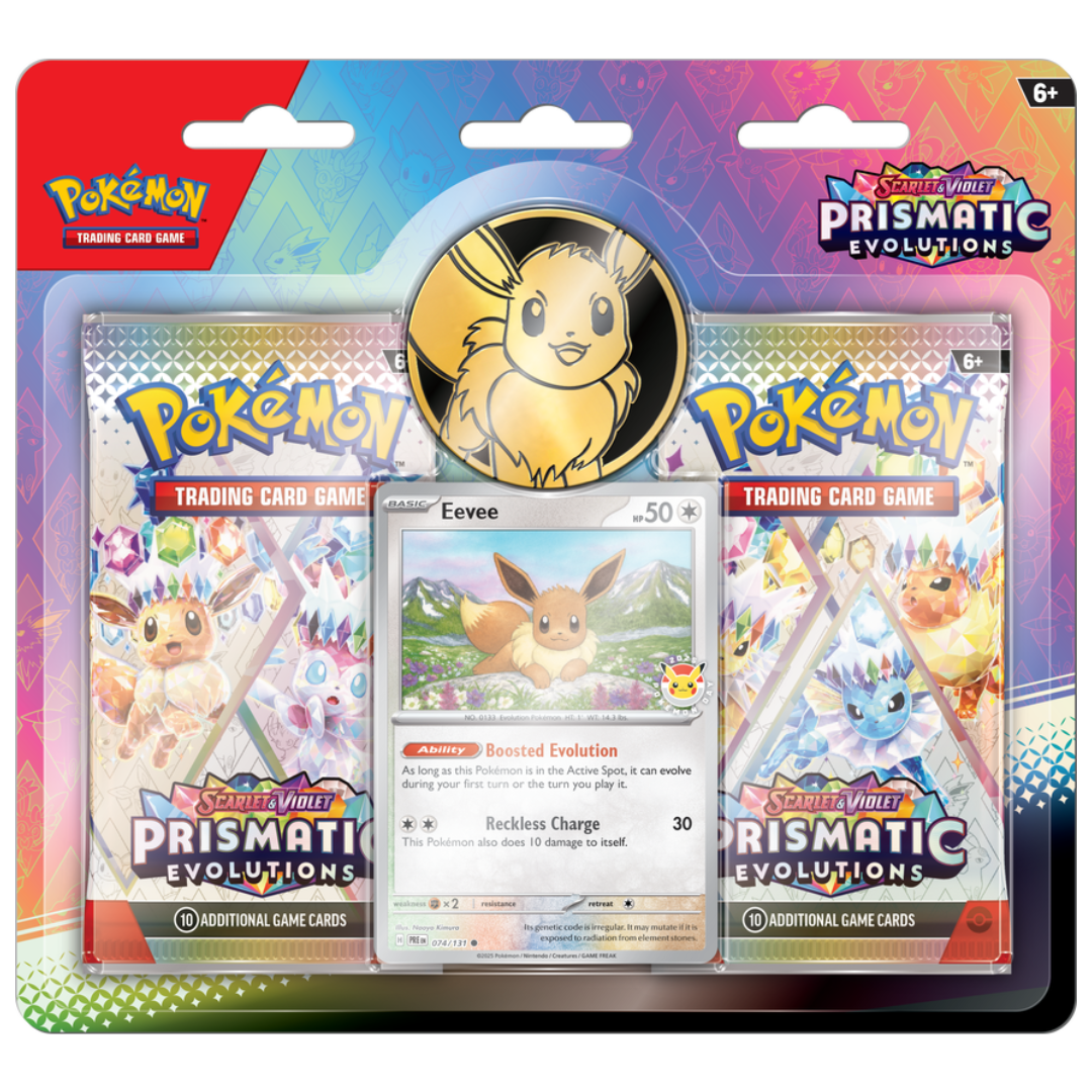 Pokémon Prismatic Evolutions 2-Pack Blister with two booster packs and a special promo card for collectors and players.