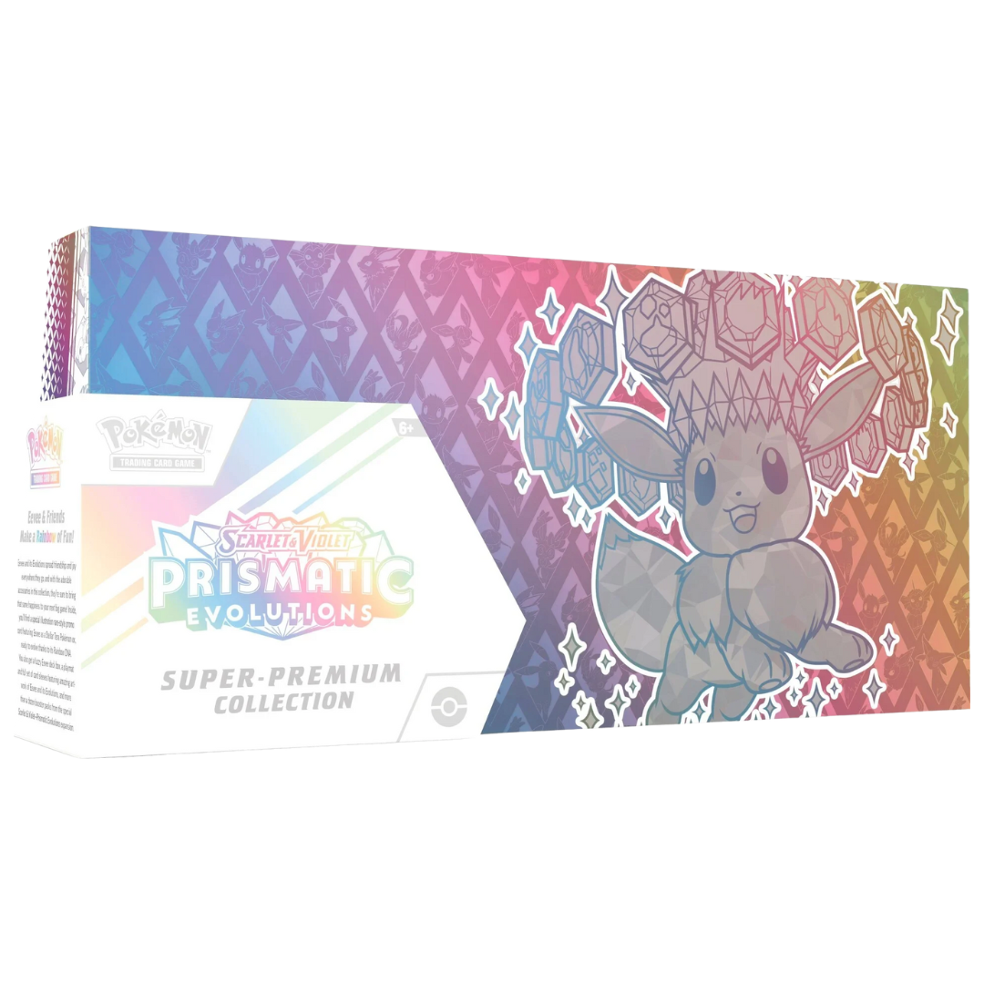 Pokemon Prismatic Evolutions Super Premium Collection, deluxe TCG box set with exclusive promo cards, booster packs, and collectibles for Pokémon fans and collectors.








