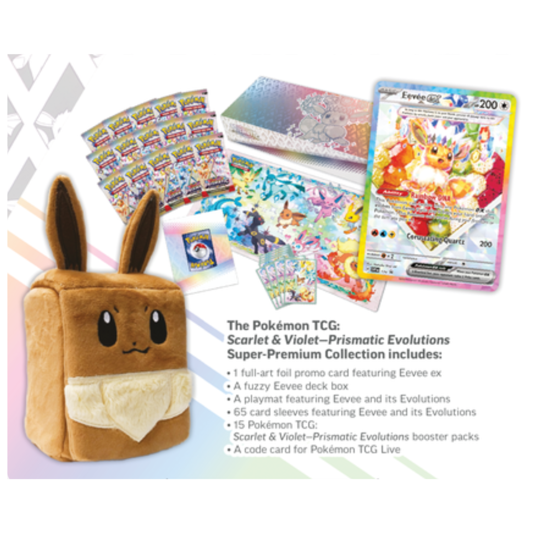 Pokemon Prismatic Evolutions Super Premium Collection, premium trading card game set featuring evolution-themed promos and booster packs for collectors and players.
