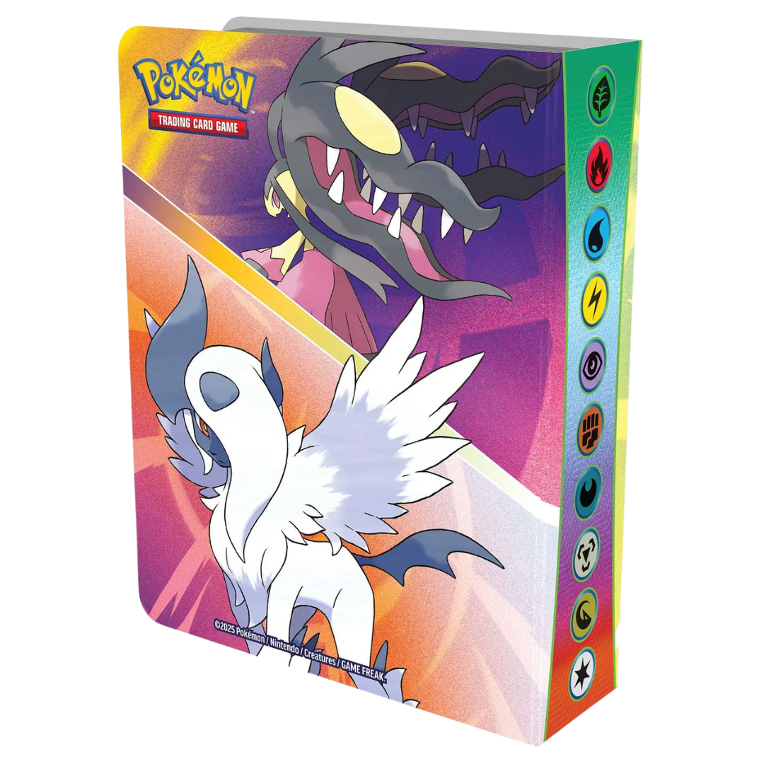 Pokémon Q3 2025 Mini Portfolio featuring Mega Mawile and Mega Absol artwork, holds 60 cards with booster pack