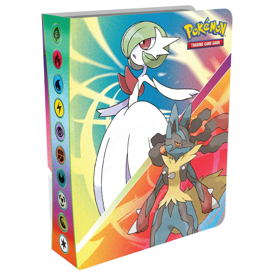 Pokémon Q3 2025 Mini Portfolio featuring Mega Gardevoir and Mega Lucario artwork, holds 60 cards with booster pack