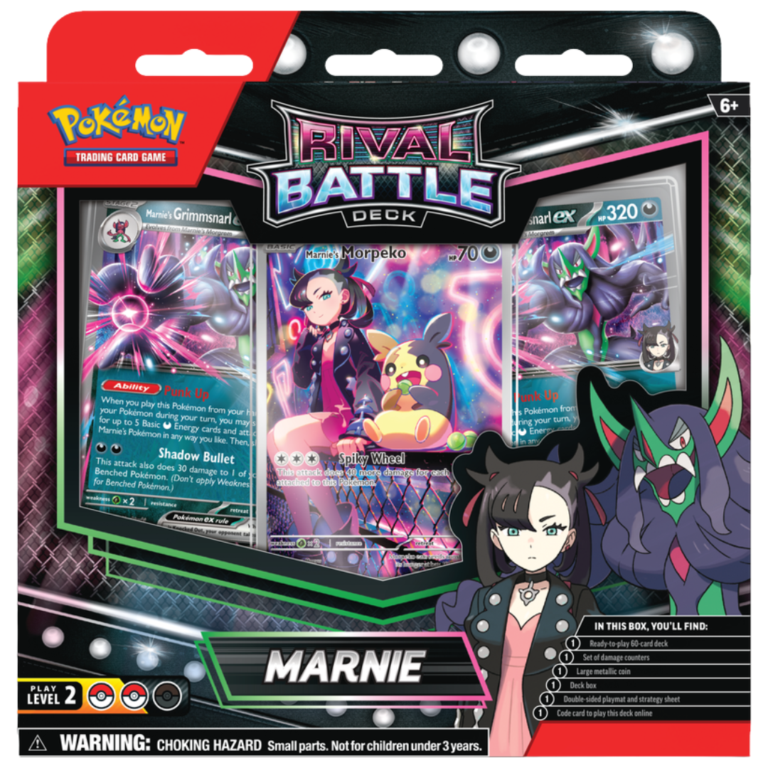 Pokemon Rival Battle Deck Marnie, pre-constructed deck featuring Morpeko and powerful Trainer cards, perfect for Pokémon TCG players and collectors.








