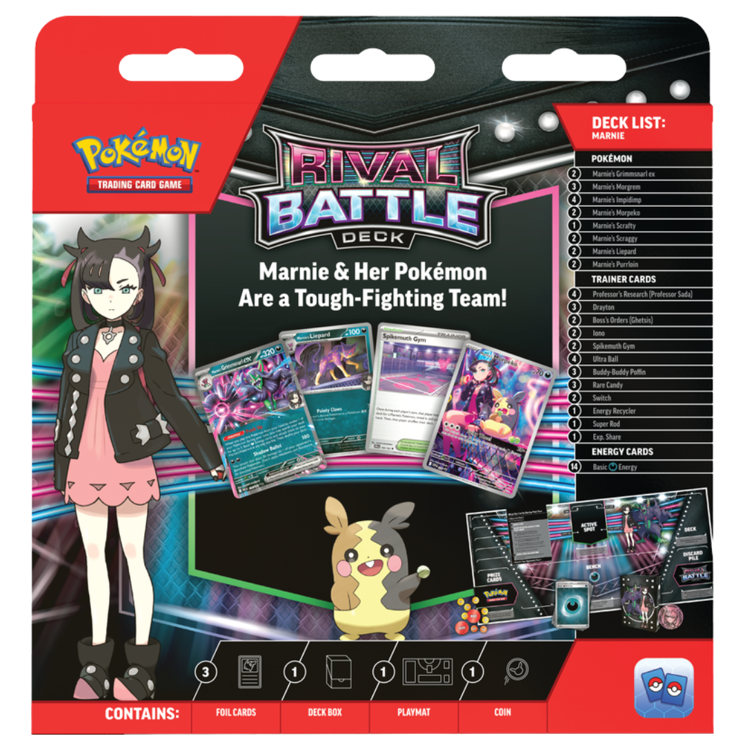 Pokemon TCG Rival Battle Deck Marnie, ready-to-play card deck starring Marnie and Morpeko for collectors and competitive Pokémon Trading Card Game players.