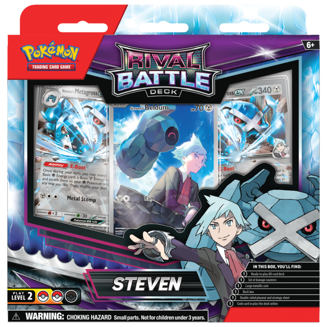 Pokemon Rival Battle Deck Steven, pre-constructed deck with Steel-type Pokémon and Champion Steven theme for Pokémon TCG collectors and competitive players.








