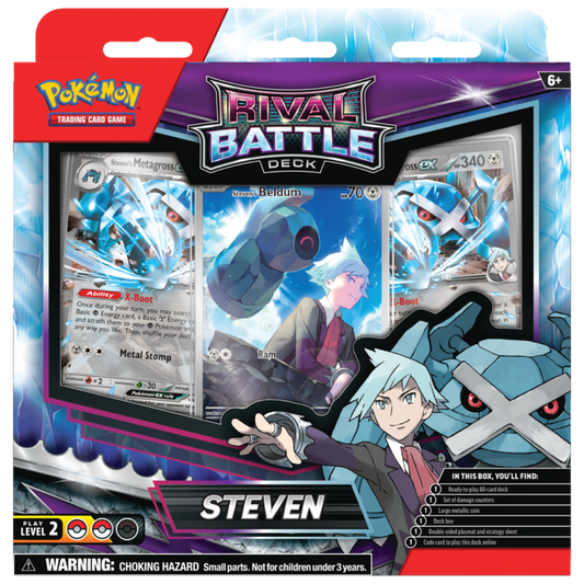Pokemon Rival Battle Deck Steven, pre-constructed deck with Steel-type Pokémon and Champion Steven theme for Pokémon TCG collectors and competitive players.








