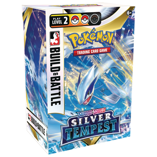 Pokémon Silver Tempest Build & Battle Kit with a ready-to-play deck, exclusive promo card, and booster packs for competitive play.