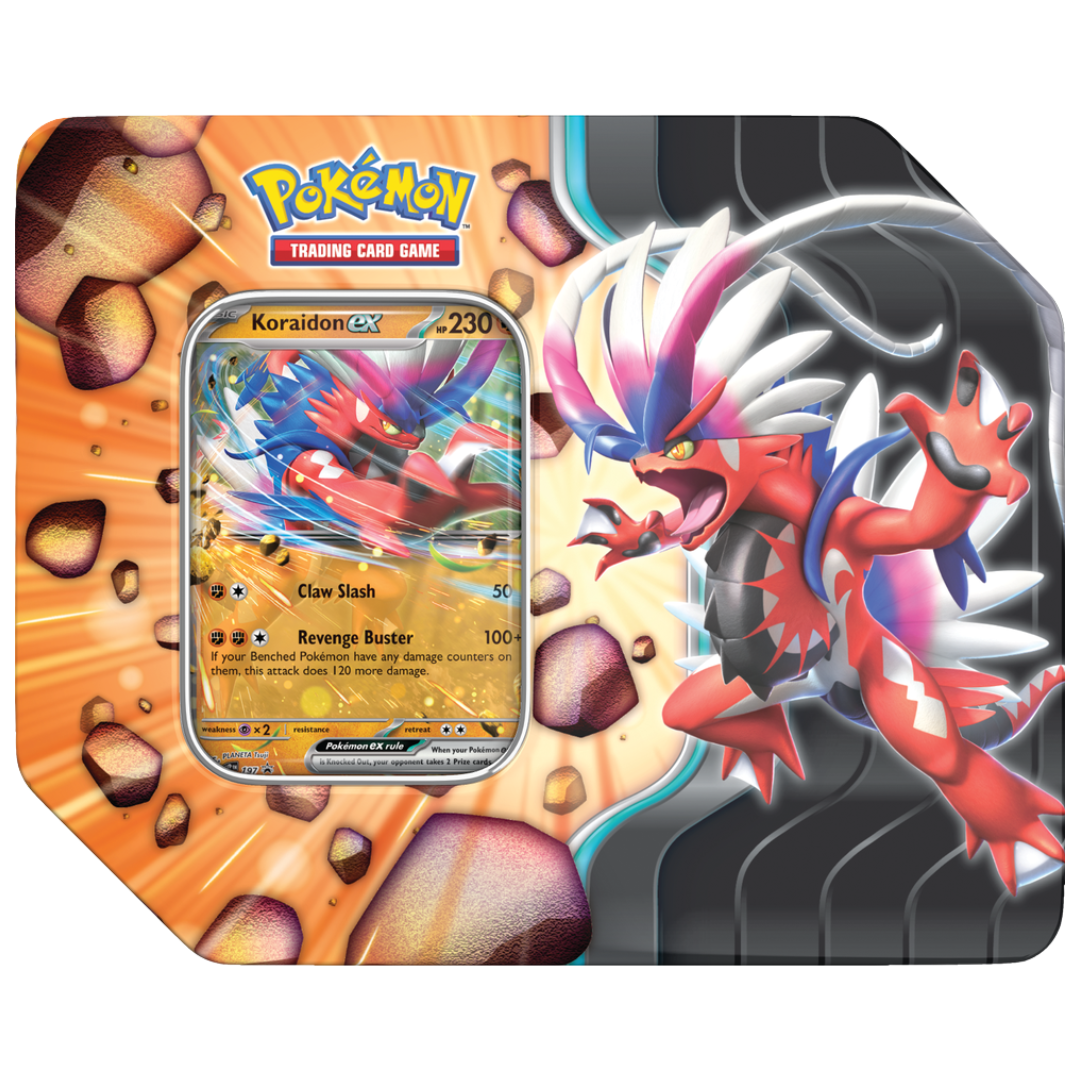 Pokemon Slashing Legends Tin Koraidon EX, collectible tin with foil Koraidon EX promo card and booster packs for Pokémon TCG collectors and competitive players.









