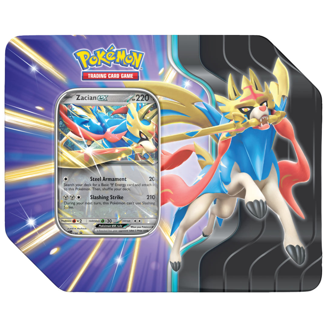 Pokemon Slashing Legends Tin Zacian EX, collectible tin with foil Zacian EX promo card and booster packs for Pokémon Trading Card Game players and fans.