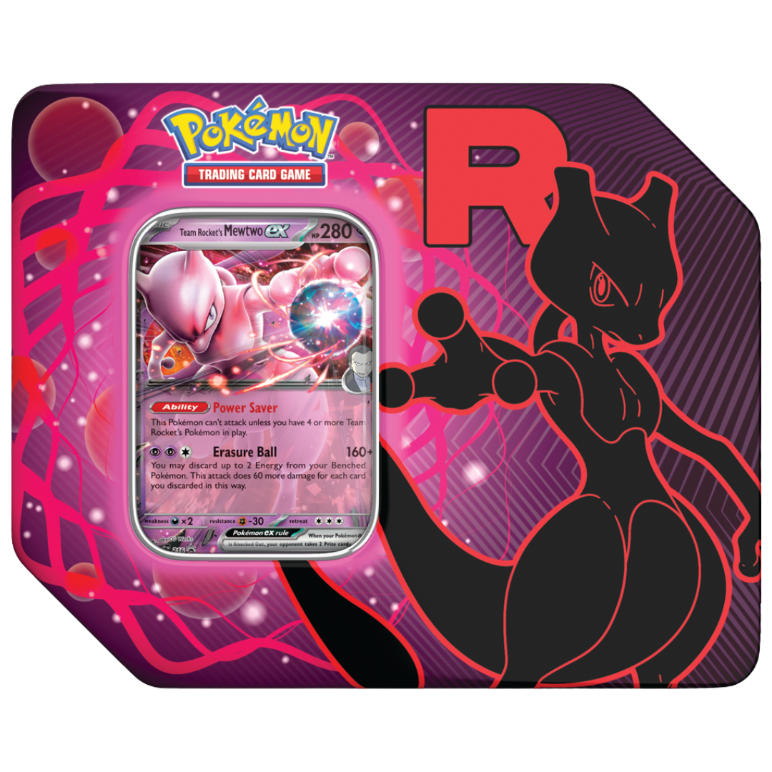 Pokémon TCG Team Rocket Tin featuring Mewtwo ex promo card and booster packs