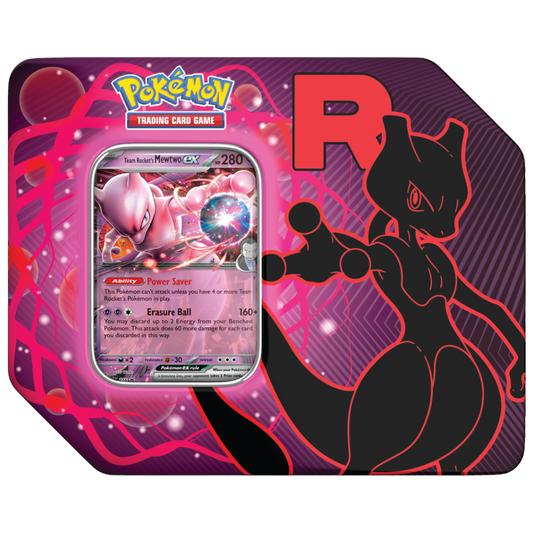 Pokémon TCG Team Rocket Tin featuring Mewtwo ex promo card and booster packs