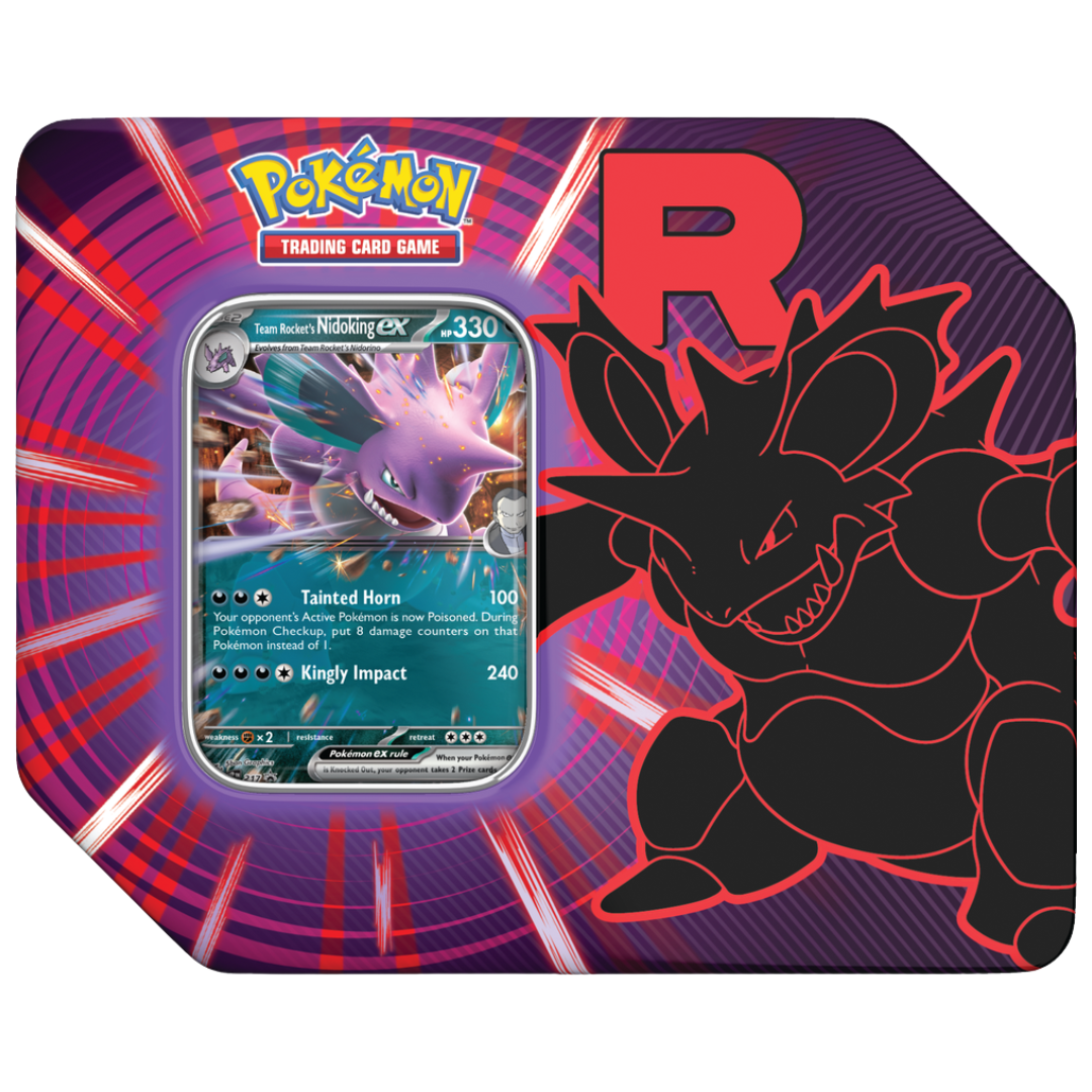 Pokémon TCG Team Rocket Tin featuring Nidoking ex promo card and booster packs